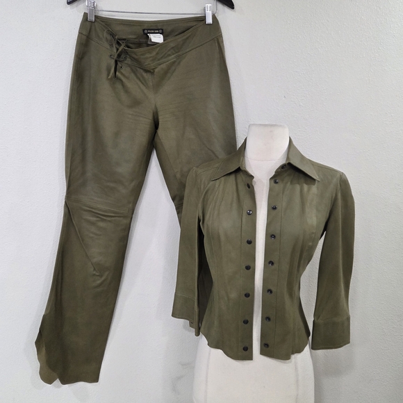 Plein Sud Jackets & Blazers - Rare Plein Sud Leather Olive Green  Button-Up Pant Set